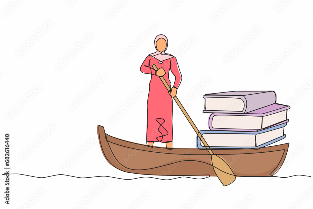 Poster single continuous line drawing arab businesswoman standing in boat and sailing with books stack. suc