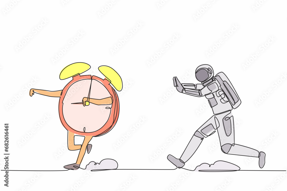 Aufkleber single continuous line drawing young astronaut chasing alarm clock in moon surface. space shuttle la