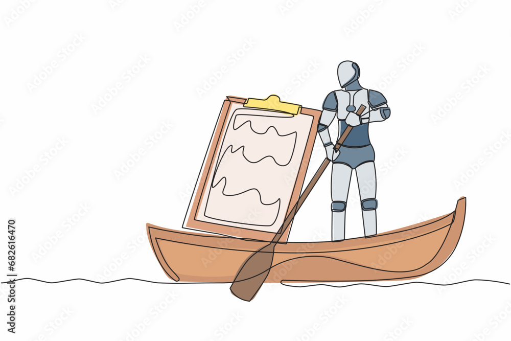 Poster single continuous line drawing robot sailing away on boat with clipboard. shipping documents. future