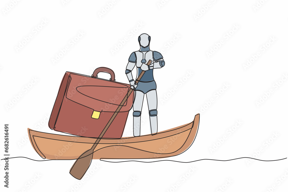 Poster single one line drawing of robot sailing away on boat with briefcase. take break from busy factory o