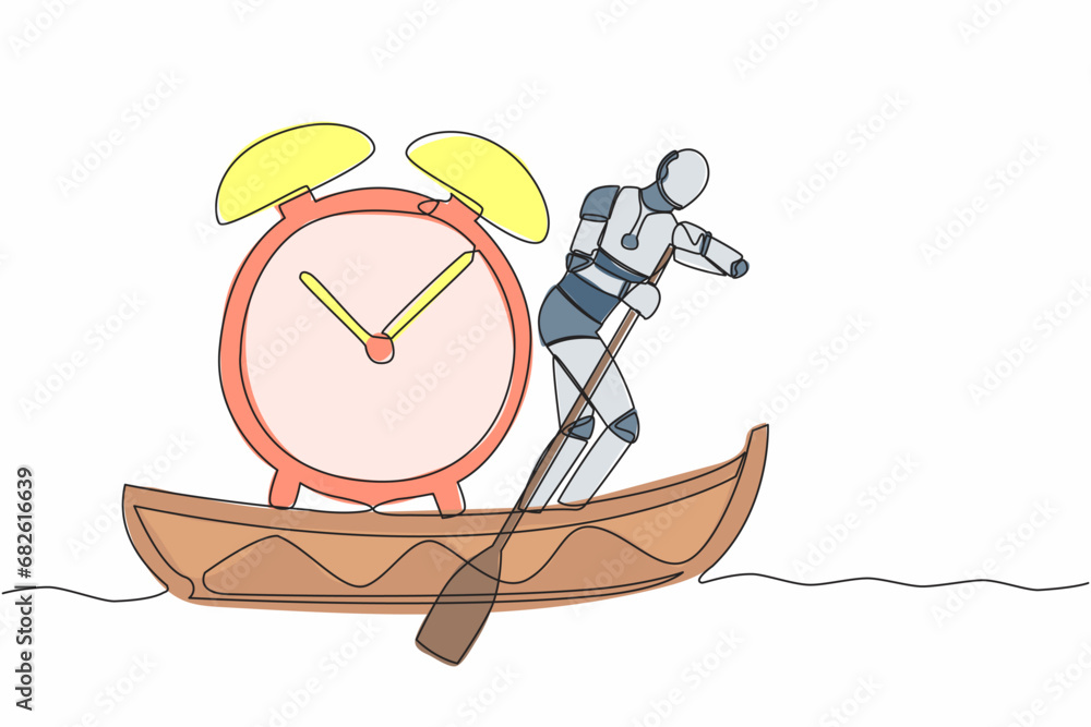 Poster single one line drawing robot sailing away on boat with alarm clock. time management in tech busines