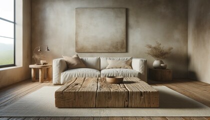 Rustic barn wood coffee table against a beige sofa and stucco wall, featuring a spacious and elegant modern living room. The room is designed in a wab