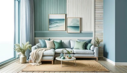Coastal style modern living room featuring a light blue sectional sofa, sea green pillows, and a woven jute rug against a pastel blue shiplap wall