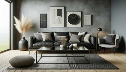 Contemporary modern living room with a sleek black leather sofa, geometric patterned pillows, and a glass coffee table against a gray textured wall