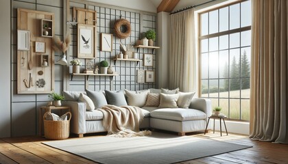 Farmhouse style modern living room with a corner sofa, beige and grey pillows against a grid window