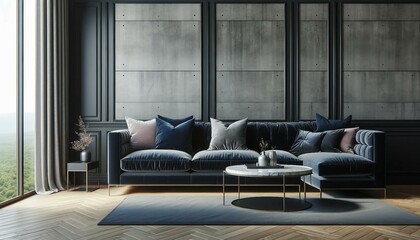 Urban modern living room with a navy blue velvet sofa, silver and black pillows, and a marble top coffee table against a dark paneled wall