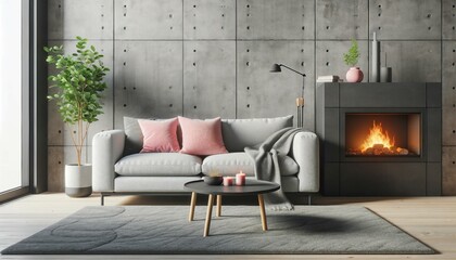 Scandinavian modern living room with a grey sofa, pink pillow, and a black fireplace against a concrete wall