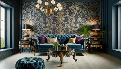 Victorian style modern living room with a royal blue tufted sofa, gold and purple pillows, and a dark wood ornate coffee table against a damask wallpa - obrazy, fototapety, plakaty
