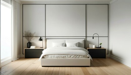 Minimalist modern bedroom with a platform bed, crisp white bedding, and a sleek black nightstand against a clean white wall
