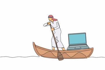 Single one line drawing Arabian businessman sailing away on boat with laptop computer. Freelancer work or creative manager doing remote work at ship. Continuous line design graphic vector illustration