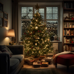 Fototapeta na wymiar Glowing Christmas tree in the living room