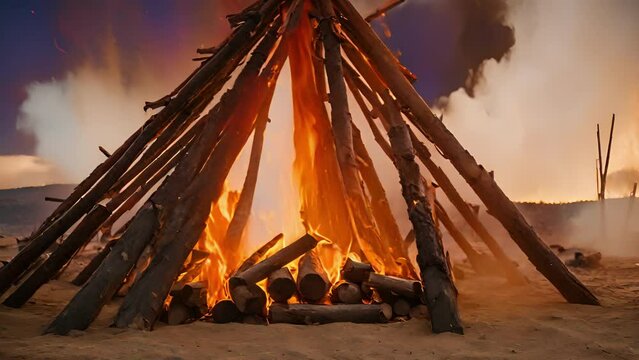 Closeup center fire, with logs stacked teepee formation flames shooting between them.