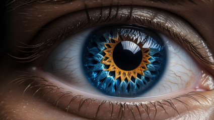 close up of a eye,
blue and orange eye generative ,
