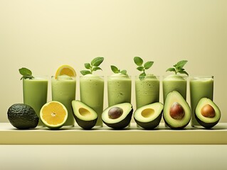 Glasses filled with smoothies and avocados on a light background.