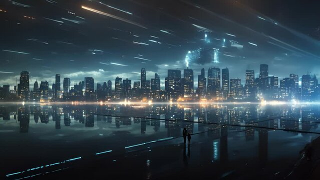 A futuristic cityscape illuminated by pulsating data streams.