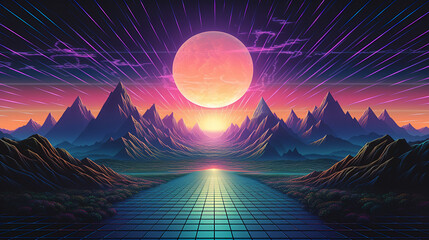 A vaporwave synthwave neon futuristic landscape with mountains in the background - obrazy, fototapety, plakaty