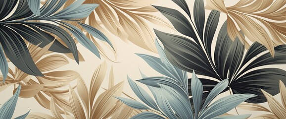 Wallpaper made of palm leaves in blue and gold, in the style of photorealistic pastiche, - obrazy, fototapety, plakaty