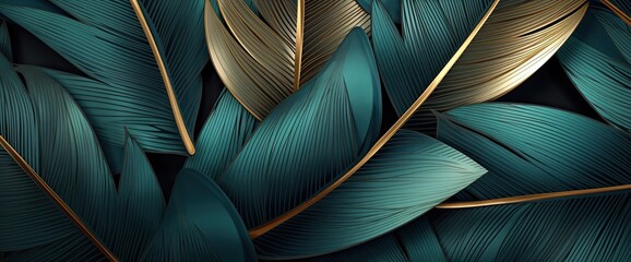 Wallpaper made of palm leaves in blue and gold, in the style of photorealistic pastiche,