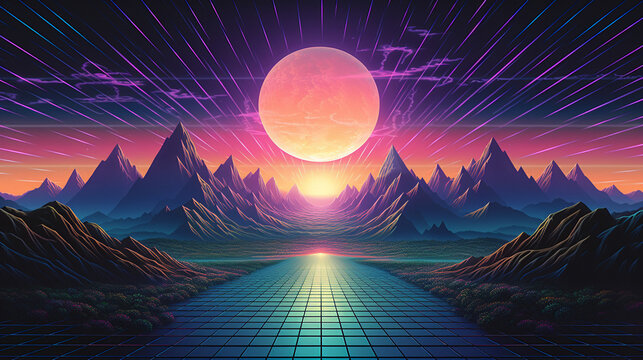 A vaporwave synthwave neon futuristic landscape with mountains in the background