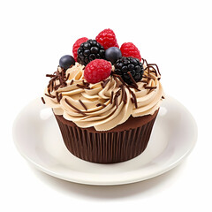 Chocolate Cupcake with Chocolate Frosting and Berries on a Plate. Generative AI