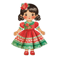 Vintage Christmas doll in a festive dress, isolated on transparent PNG background