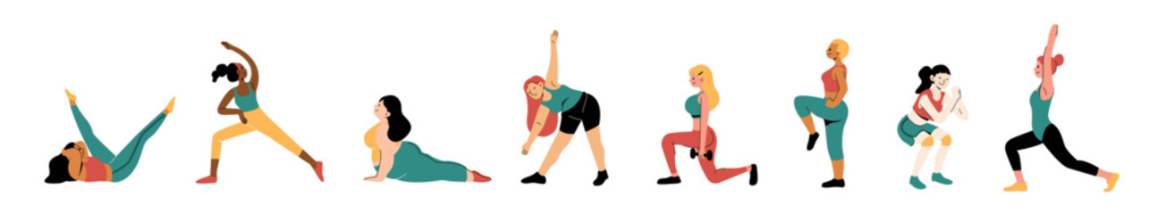 Set of woman workout illustration. Woman workout set. Woman exercise set. 