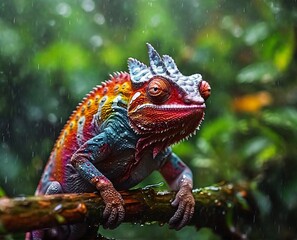 Fototapeta premium A closeup view colored chameleon, Colorful chameleon in the forest