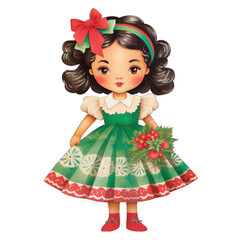 Vintage Hispanic Christmas doll in a festive dress, isolated on transparent PNG background