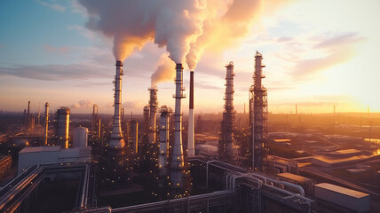 Aerial view oil refinery, refinery plant, refinery factory - obrazy, fototapety, plakaty