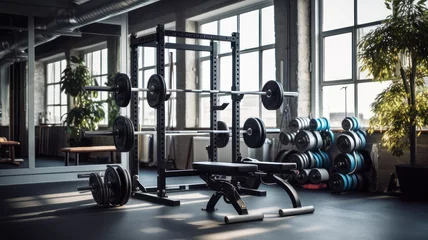 Photo sur Plexiglas Fitness Modern Light-Filled Gym Featuring a Rack with Barbells of Various Weights