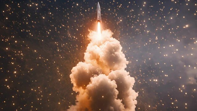 Closeup rocket firework leaving trail smoke shoots upwards, tail with fiery glow. reaches peak height, rocket suddenly explodes into shower glittering stars, creating beautiful