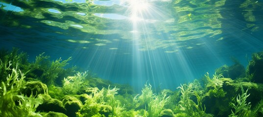 Fototapeta na wymiar Underwater seaweed and shiny sea water. Generative AI technology.