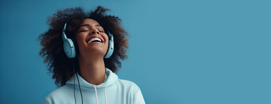 Happy woman in Headphone listen to music and radio to relief stress, a lifestyle