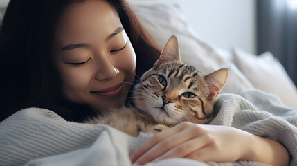Woman and Cat in bed with trust and bonding relation. Pet and people concept.