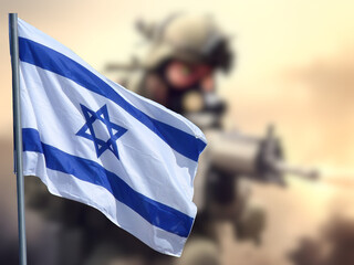 Flagge von Israel und ein Soldat der israelischen Armee