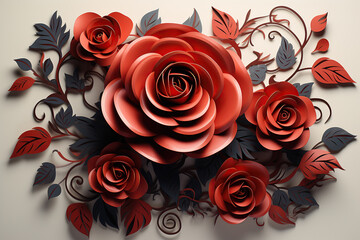 3d rendering of a red rose with black leaves on a white background. 