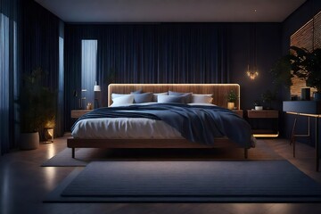 3d rendering of bedroom with cozy low bed at night
