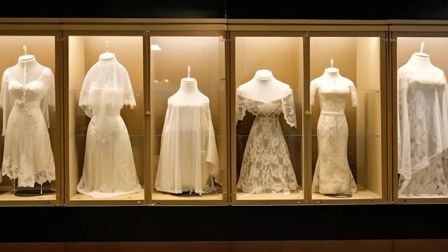 Concept photo of a display case filled with delicate handmade lace veils and embroidered altar cloths, passed down from generations and used in different church ceremonies and celebrations.