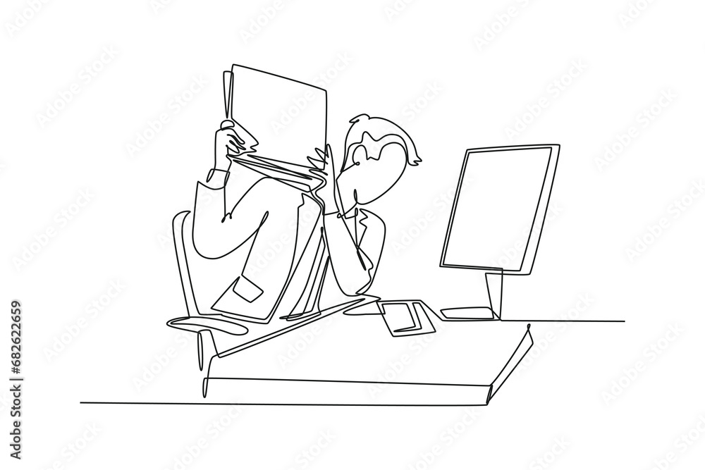 Aufkleber continuous one line drawing young furious male worker ready to smash monitor computer using file fol