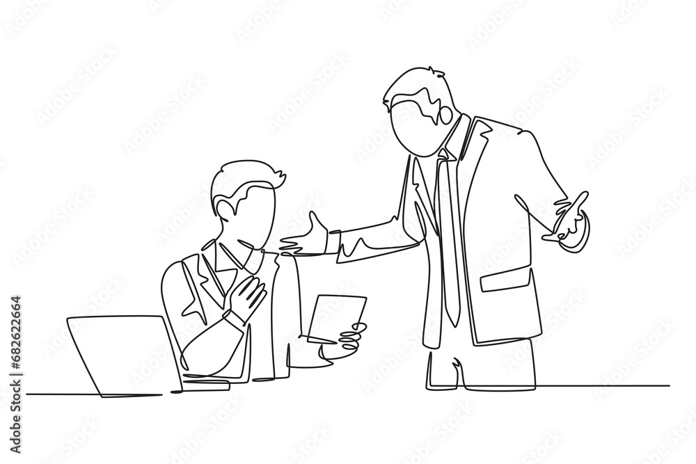 Aufkleber single continuous line drawing of young upset manager asking staff about sales data performance mist