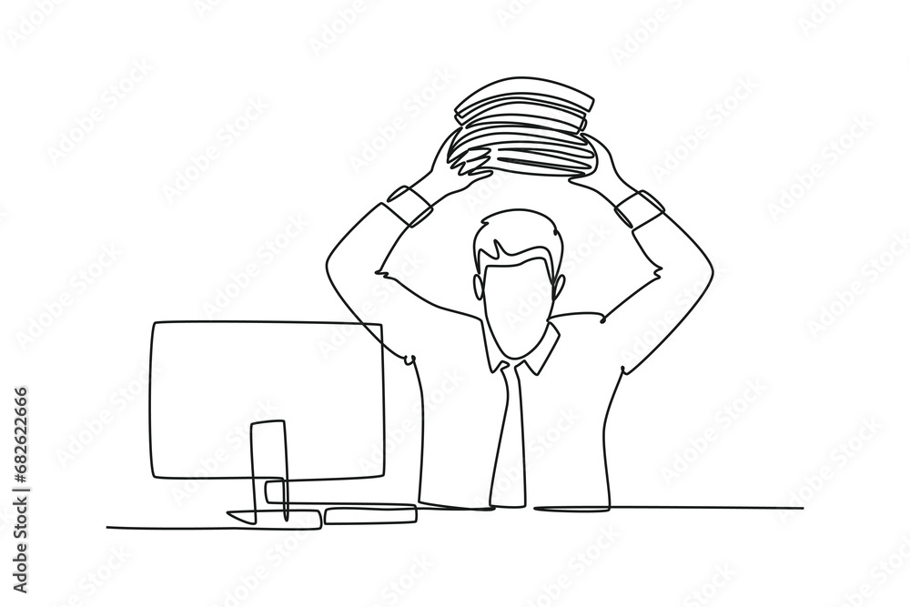 Aufkleber single continuous line drawing young madness worker ready to throw file folders to the monitor compu