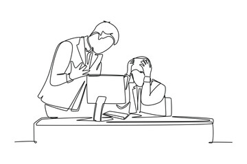 Continuous one line drawing of young furious manager blaming his frustrated staff about lack job performance. Work pressure at the office concept. Single line draw design vector graphic illustration