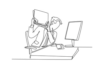Continuous one line drawing young furious male worker ready to smash monitor computer using file folder. Stress work overload at the office concept. Single line draw design vector graphic illustration