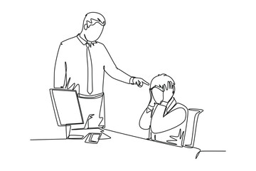 Single continuous line drawing of young upset manager pointing finger to his stressful staff and blaming the staff about bad work performance concept. One line draw graphic design vector illustration