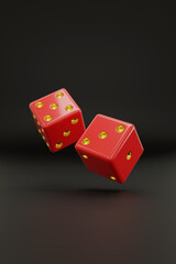 Two red dice with gold dots floating on black background. 3d illustration.