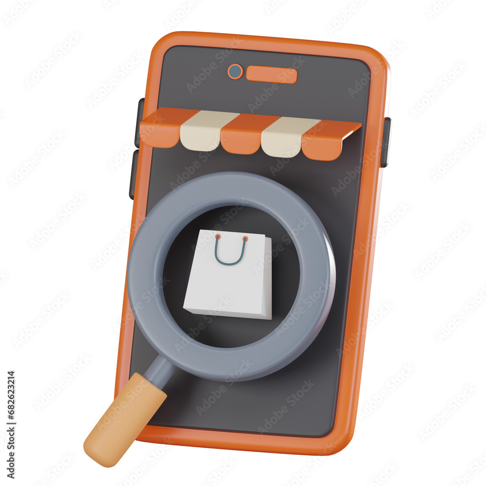 Poster find product shopping on smartphone of web-based retail with shopping bag. 3d render