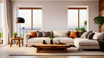 high quality, Captivating Homeliness Biggest Living Room. white color walls, sofa, wooden small table and copy space