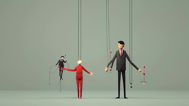 Minimal flat motion of a person with strings attached to their limbs, controlled by a puppet master representing their need for validation through lying. 2D cartoon animation. .