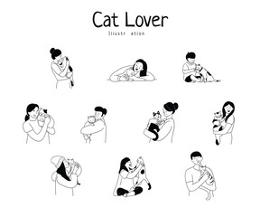 Cat Lover Illustration, people with cat, pet, 