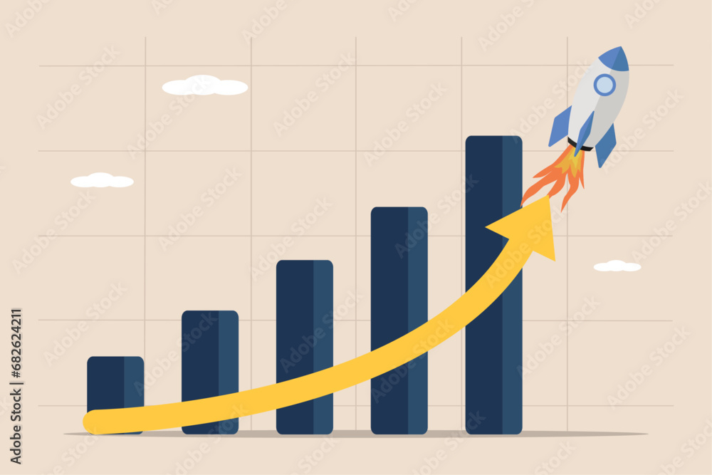 Wall mural Exponential growth, investment, wealth or income increase graph, financial report graph with exponential arrow of a flying rocket.